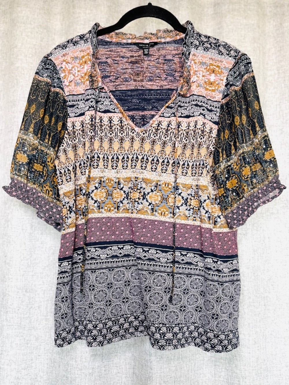 Lucky Brand Blouse Women's M Boho Patchwork Peasant Top Multicolor Cotton Blend
